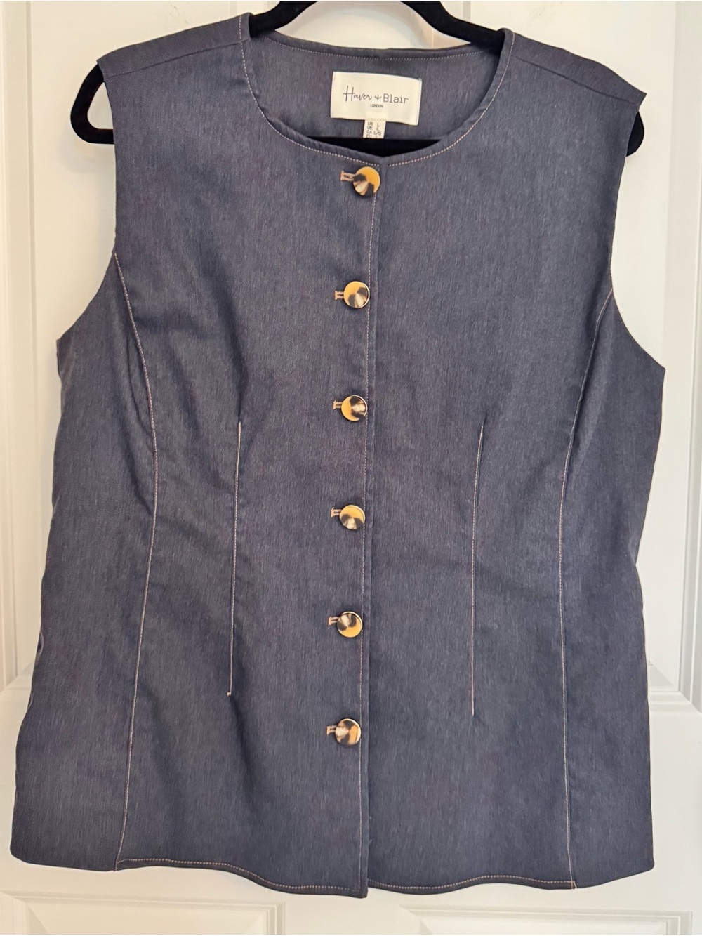 Tailored Denim Look Vest Top Sleeveless Tortoise Button Old Money L